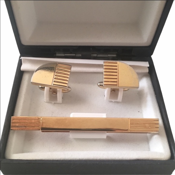 Tie Bar and Cuff Links Set Vintage Goldtone Engravable - Picture 1 of 10